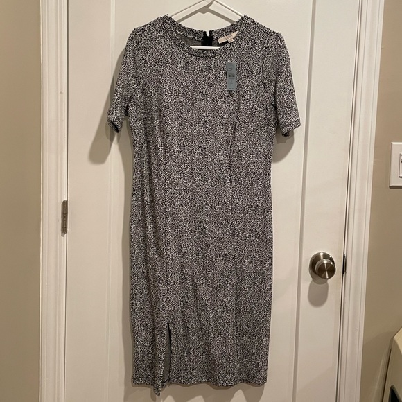 NWT LOFT Leopard Jacquard Midi Dress with slit Size 10 Petite Black White - Picture 4 of 15